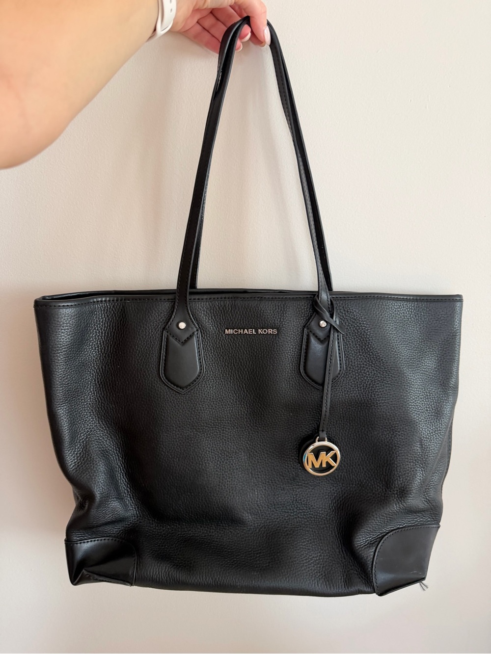 Michael Kors Black Pebbled Leather Tote with MK Charm